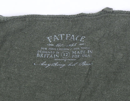 FatFace Women's Green Long Sleeve V-Neck Basic Top Size 12