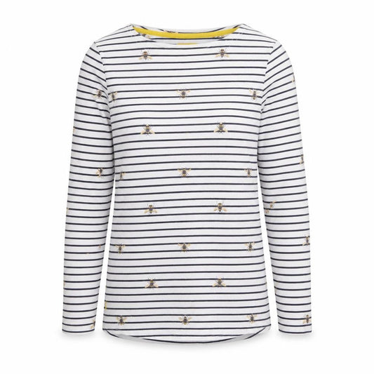 Joules Women White Bee Embroidered Striped Cotton Long Sleeve Top UK 12