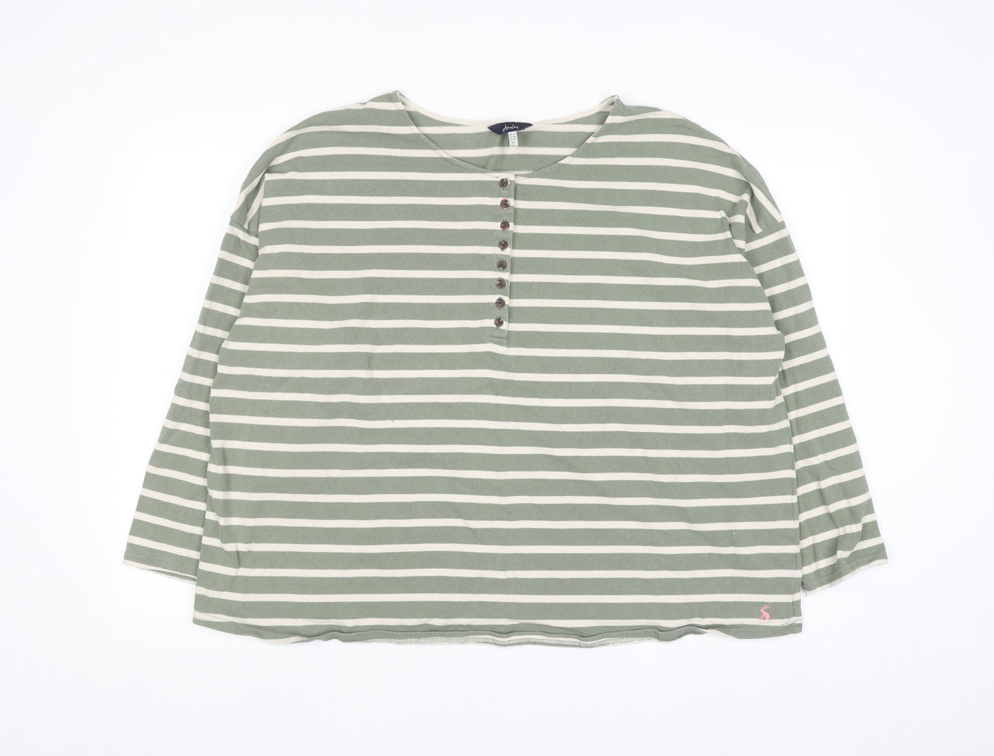 Joules Women Green Striped Henley Sweatshirt UK 26 Cotton Relaxed Fit