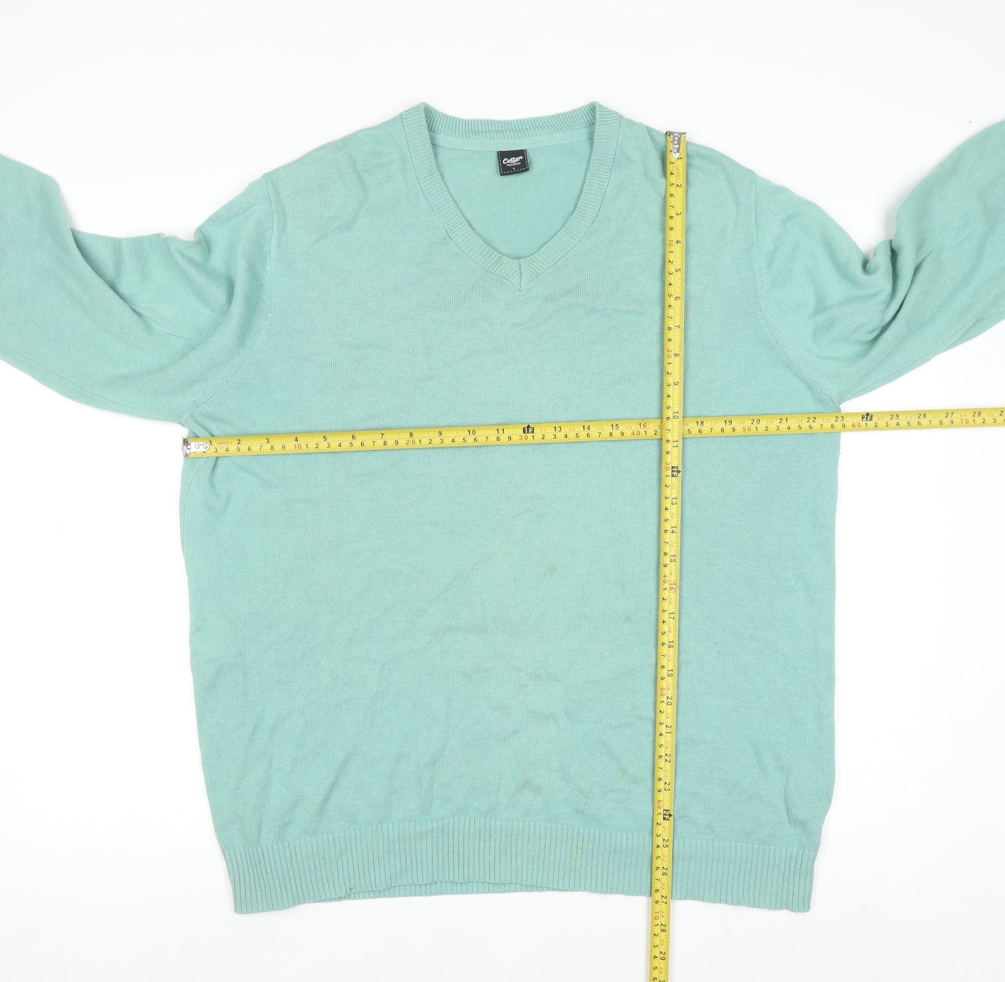 Cotton Traders Men’s Green V-Neck Cotton Jumper Size L