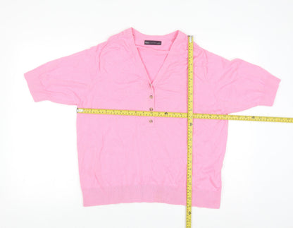 Marks and Spencer Women Pink Henley Short Sleeve Cotton Jumper L