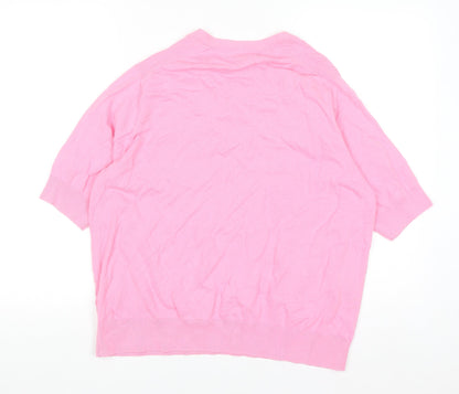 Marks and Spencer Women Pink Henley Short Sleeve Cotton Jumper L