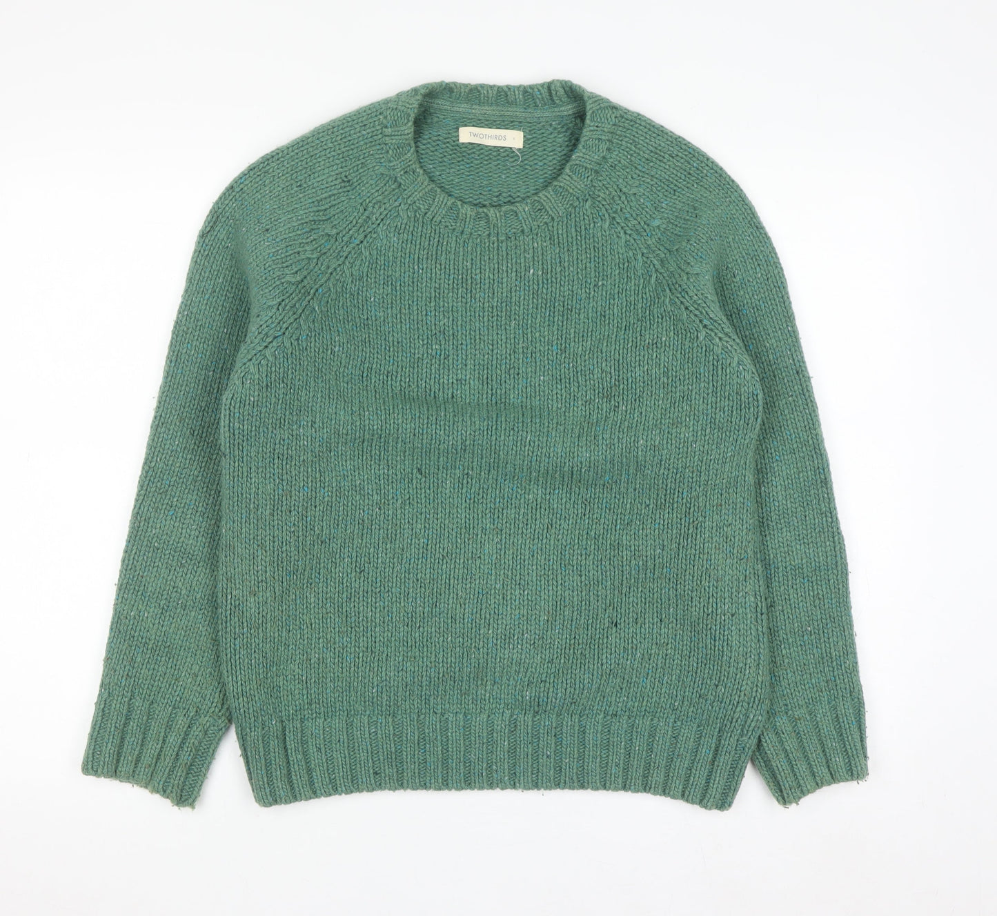 TWOTHIRDS Men’s Green Wool Crew Neck Chunky Knit Jumper Size S
