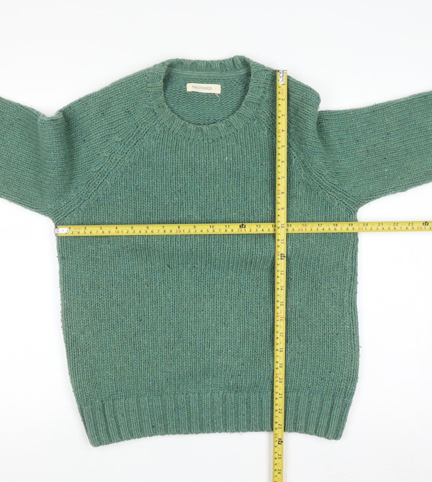 TWOTHIRDS Men’s Green Wool Crew Neck Chunky Knit Jumper Size S