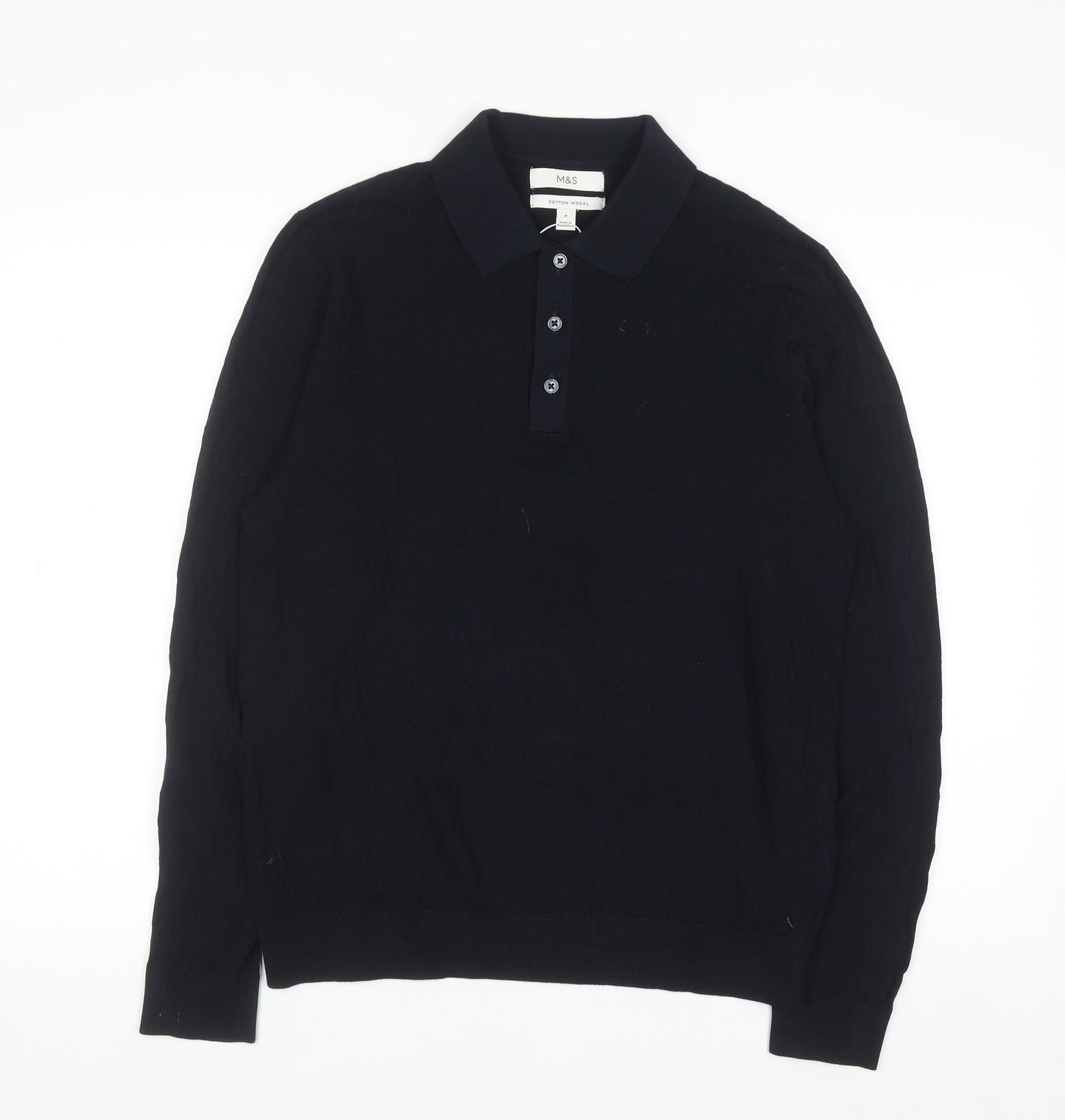 Marks and Spencer Men's Black M Collared Cotton Modal Henley Jumper