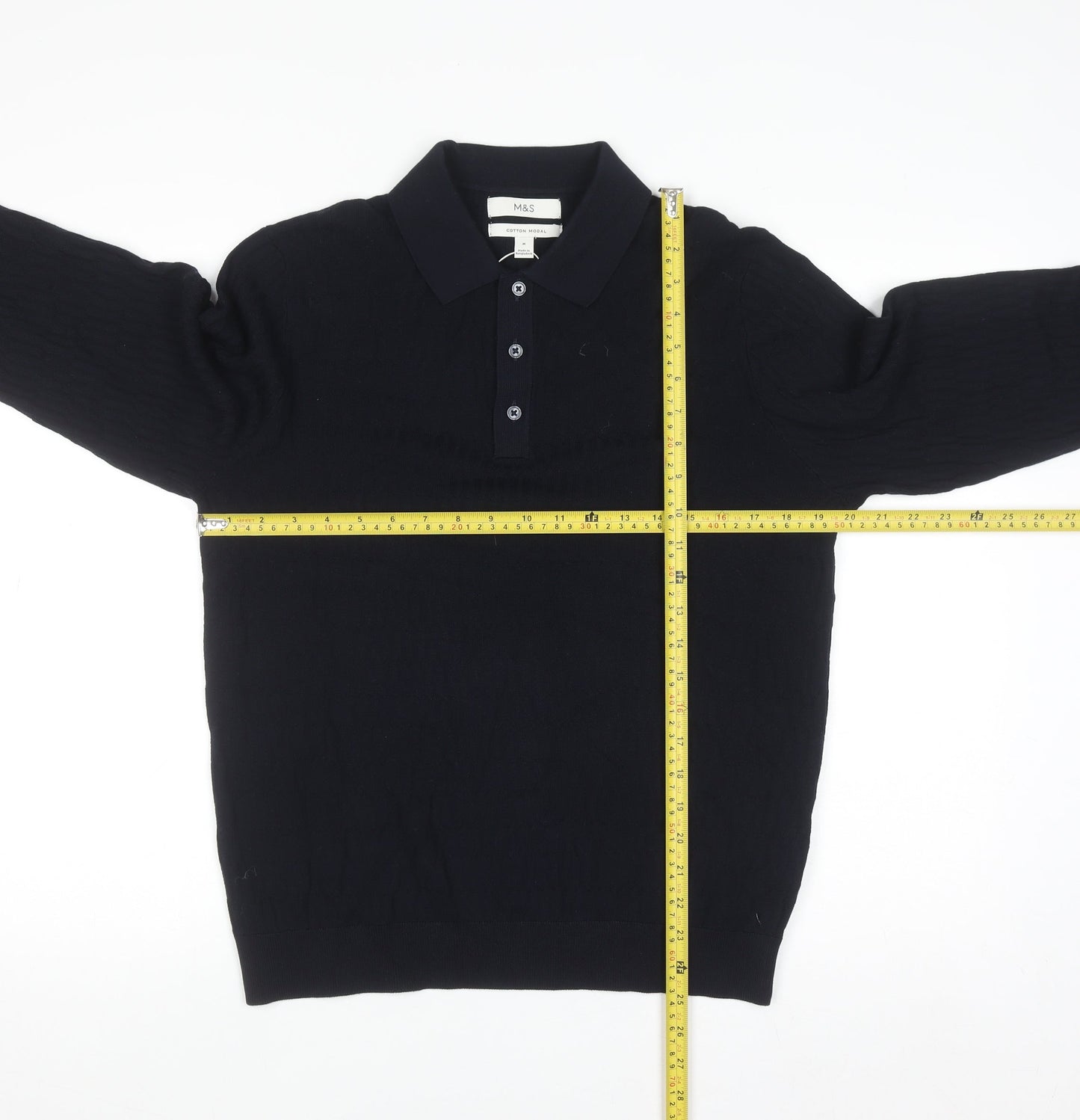 Marks and Spencer Men's Black M Collared Cotton Modal Henley Jumper