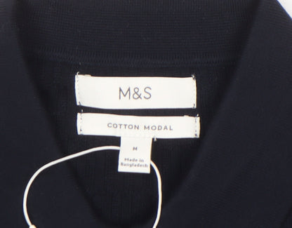 Marks and Spencer Men's Black M Collared Cotton Modal Henley Jumper