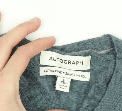 Marks and Spencer Autograph Men's Blue Merino Wool Crew Neck Jumper L