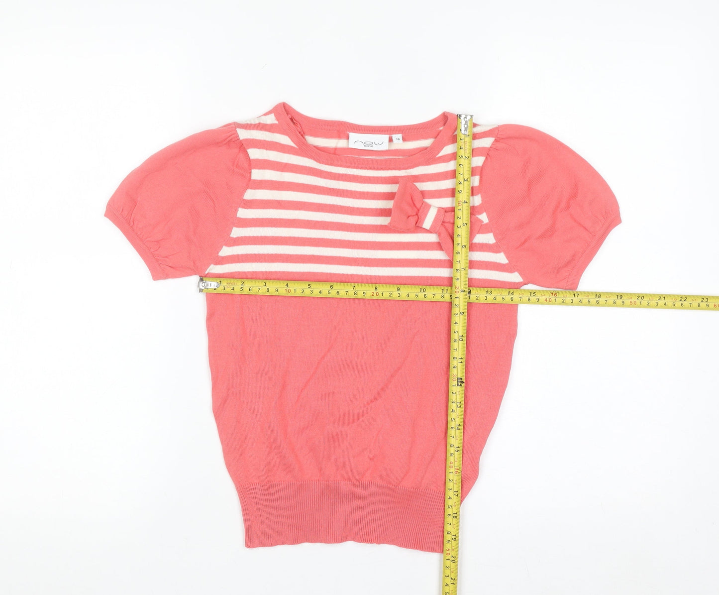New Look Women Pink Striped Bow Short Sleeve Knit Jumper Size 10