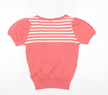 New Look Women Pink Striped Bow Short Sleeve Knit Jumper Size 10