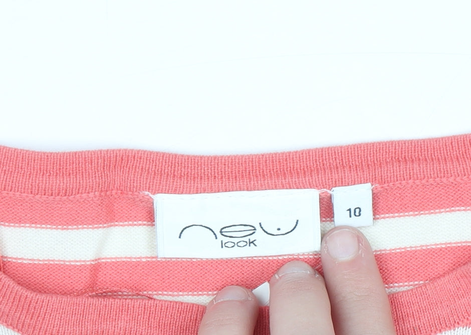 New Look Women Pink Striped Bow Short Sleeve Knit Jumper Size 10