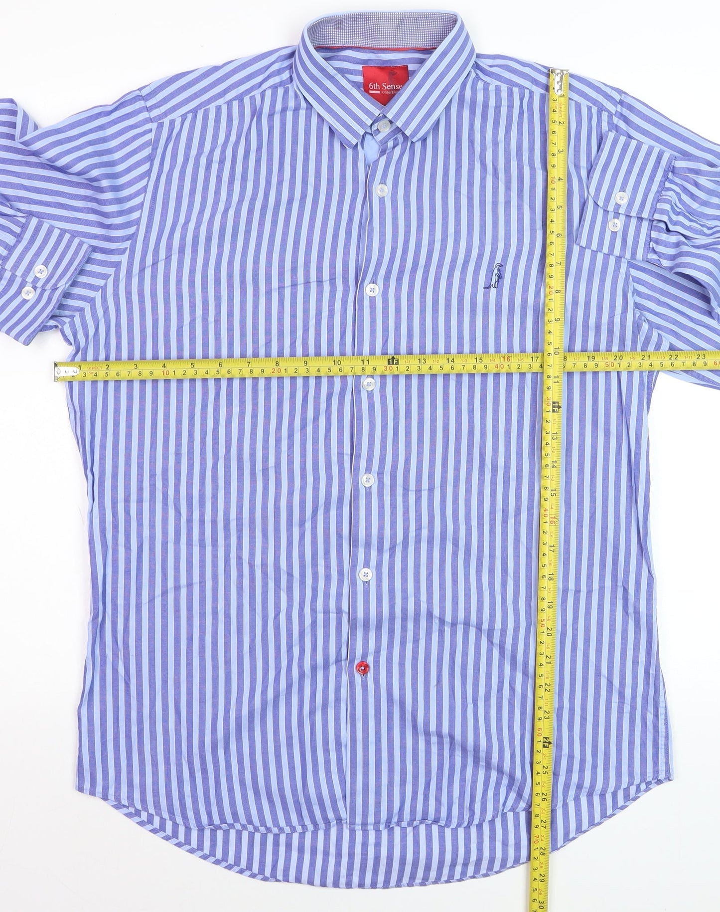 6th Sense Men's Blue Striped Long Sleeve 100% Cotton Dress Shirt M
