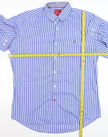 6th Sense Men's Blue Striped Long Sleeve 100% Cotton Dress Shirt M