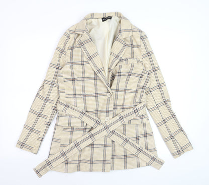 PrettyLittleThing Women Beige Check Belted Blazer UK 6