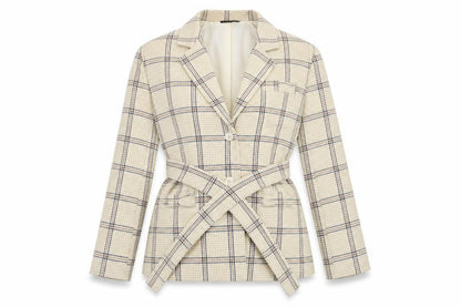 PrettyLittleThing Women Beige Check Belted Blazer UK 6