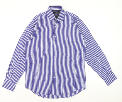 6th Sense Men's Blue Striped Long Sleeve Cotton Dress Shirt Medium