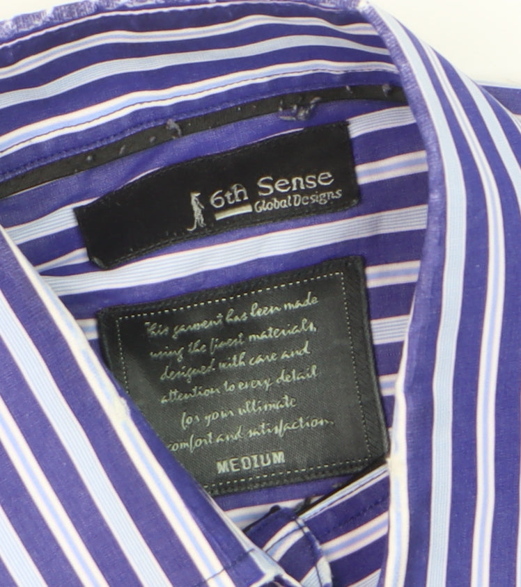 6th Sense Men's Blue Striped Long Sleeve Cotton Dress Shirt Medium
