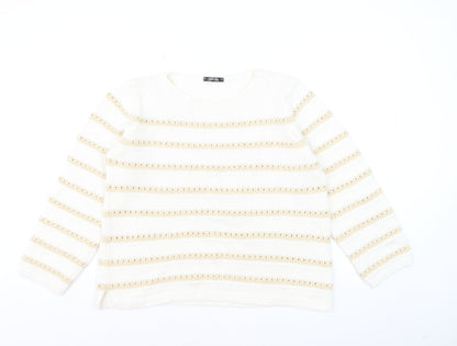 Dunnes Women Ivory Striped Cotton Knit Crew Neck Jumper Size L