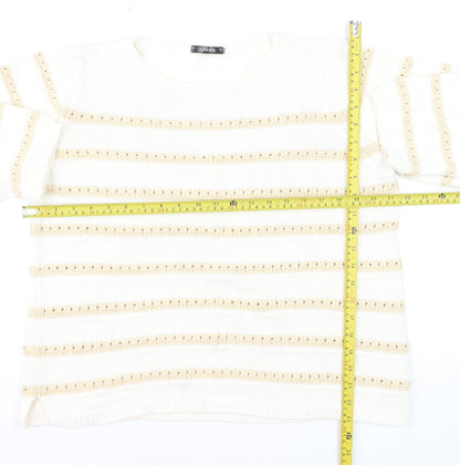 Dunnes Women Ivory Striped Cotton Knit Crew Neck Jumper Size L