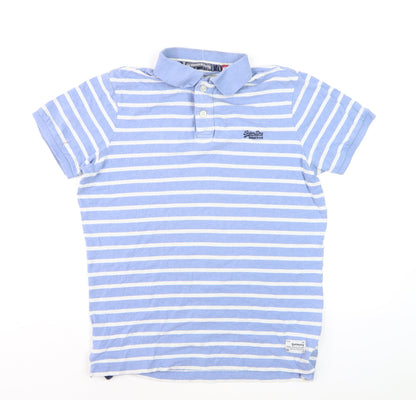 Superdry Men's Blue White Striped Polo Shirt XL Cotton Casual