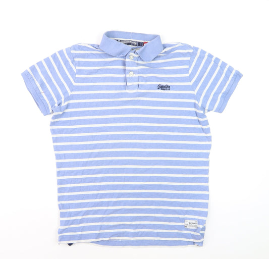 Superdry Men's Blue White Striped Polo Shirt XL Cotton Casual