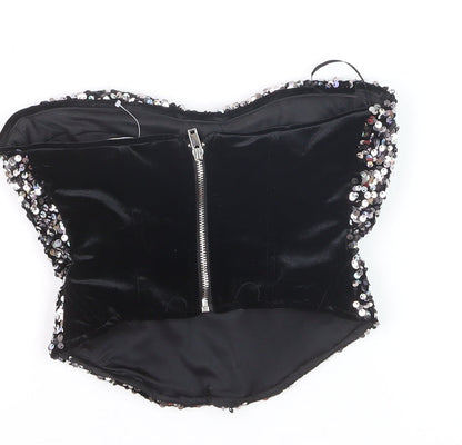 Bershka Women’s Black Sequin Strapless Velvet Camisole Top XS