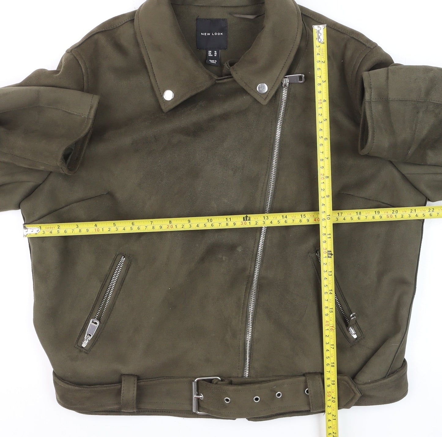 New Look Women's Green Suede Biker Jacket Size 18 Belted Zip