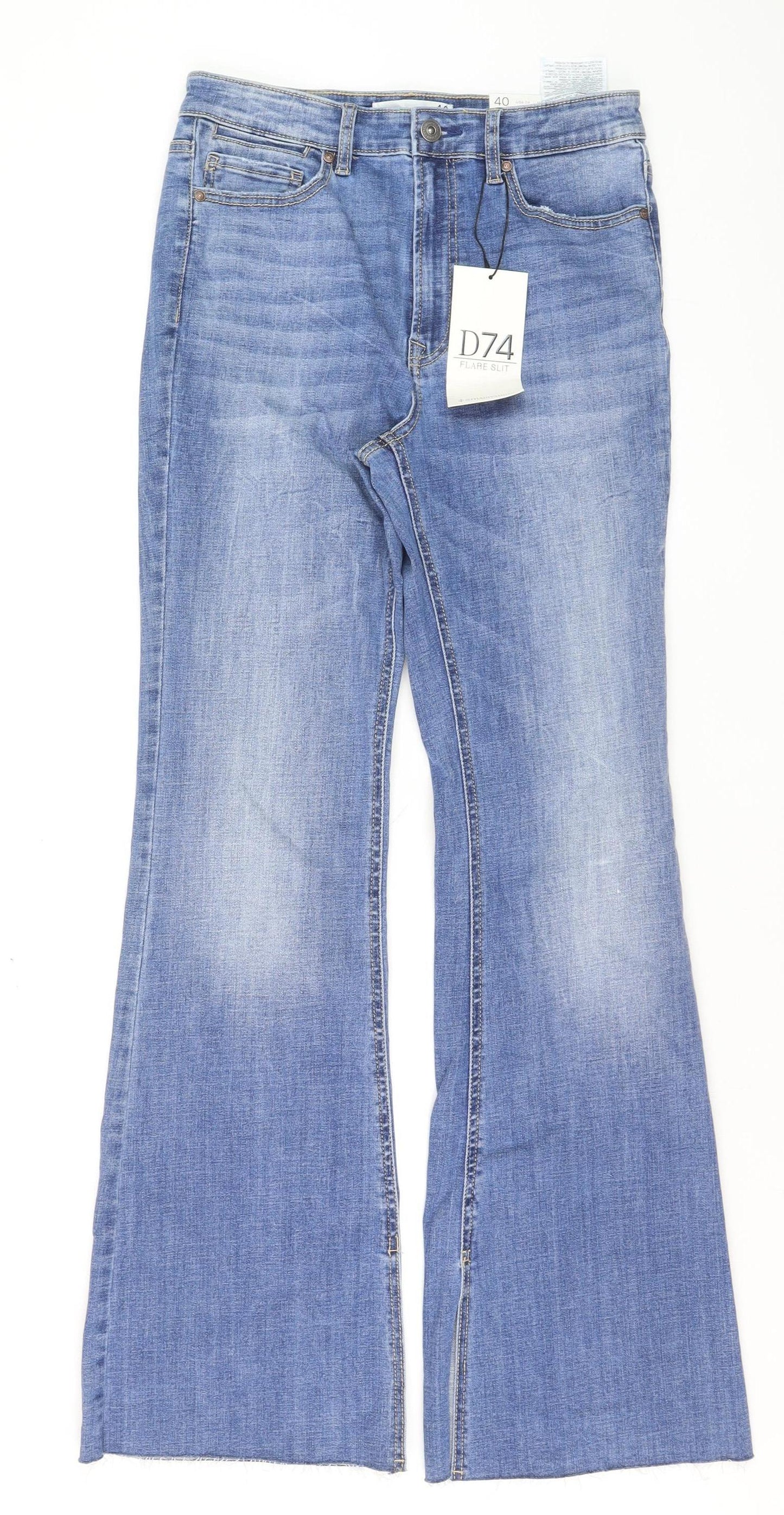 Stradivarius Women’s Blue Flared High Rise Jeans Size 12 Flare Slit