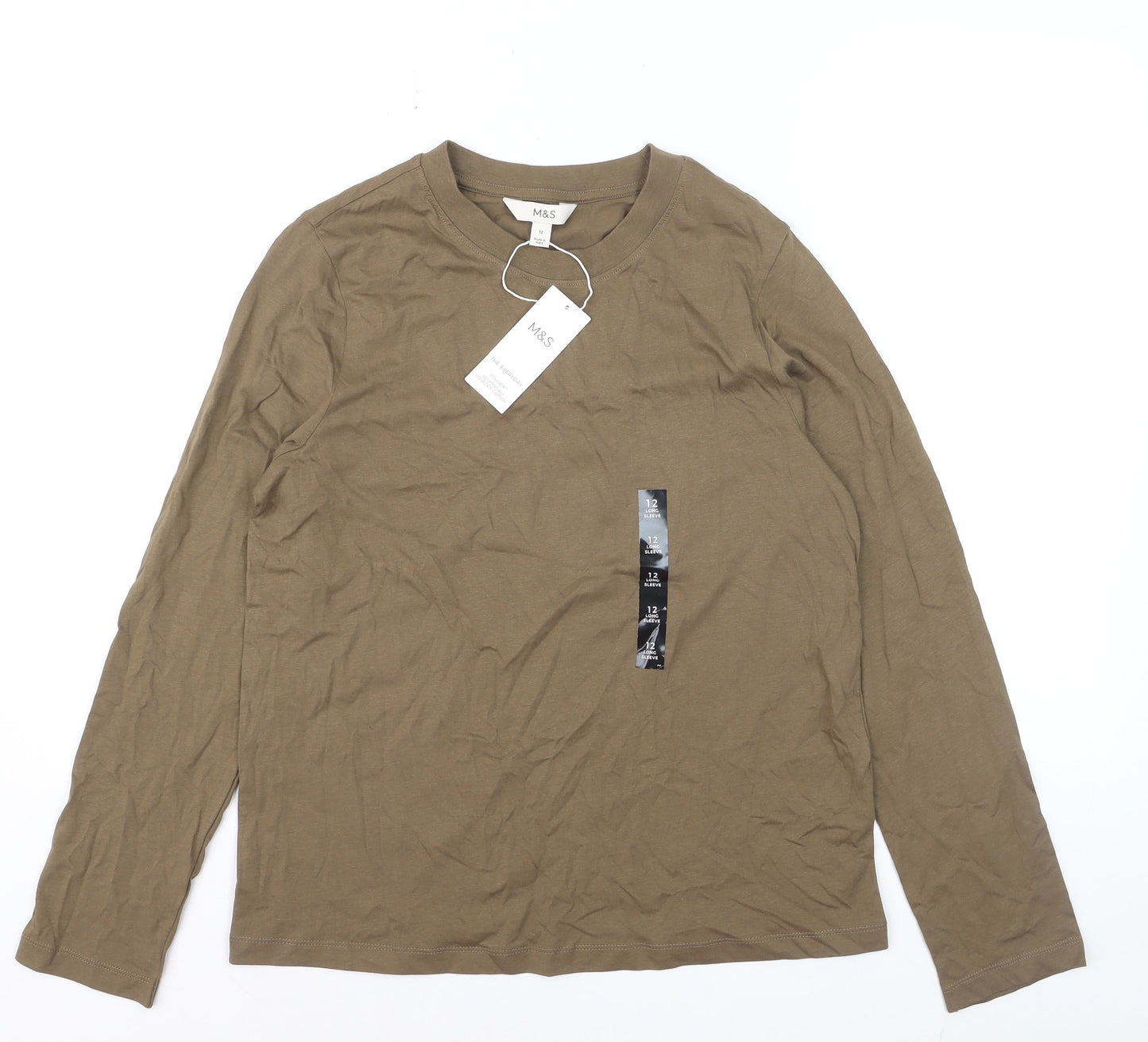 Marks and Spencer Women Brown Long Sleeve Cotton T-Shirt Size 12