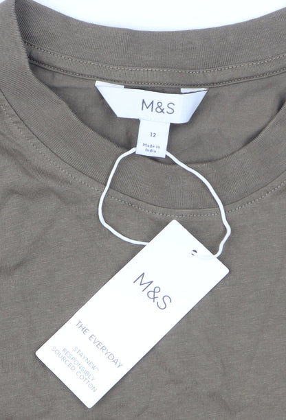 Marks and Spencer Women Brown Long Sleeve Cotton T-Shirt Size 12
