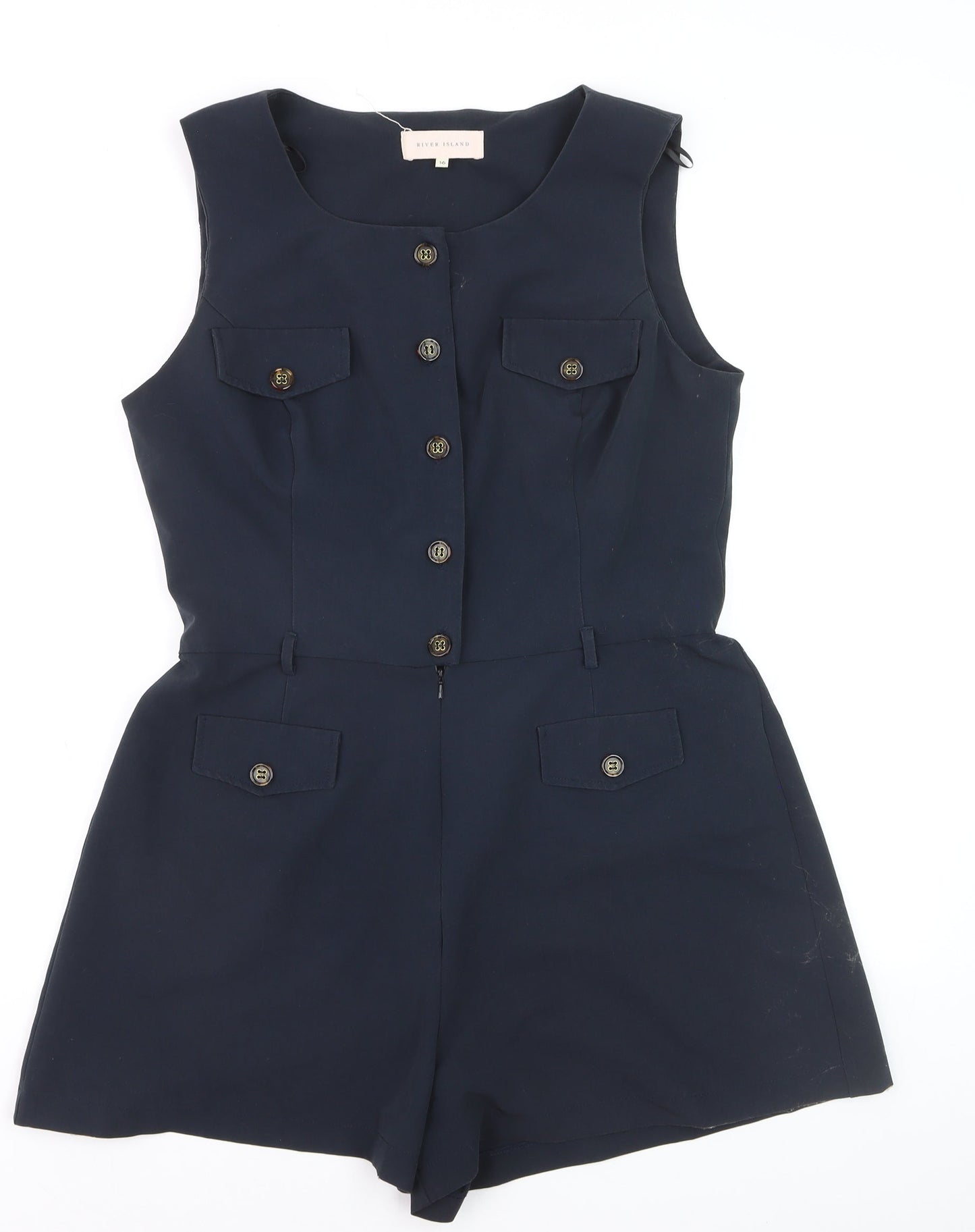 River Island Women's Blue Sleeveless Button Playsuit Size 16