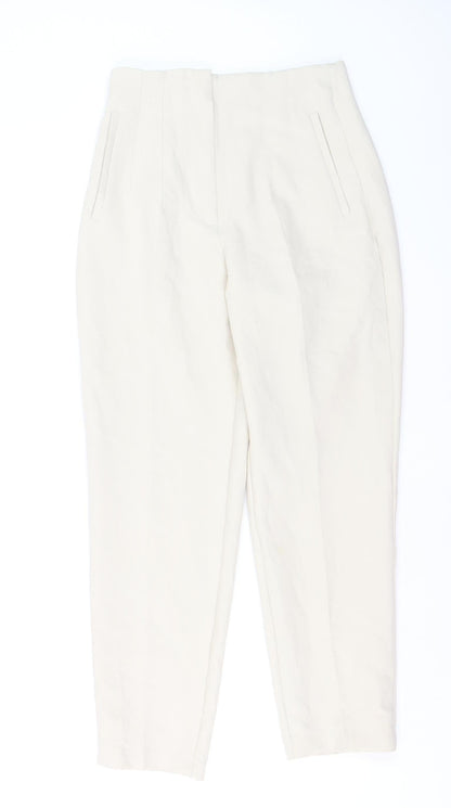 ZARA Women Ivory Tapered High Rise Trousers Size S