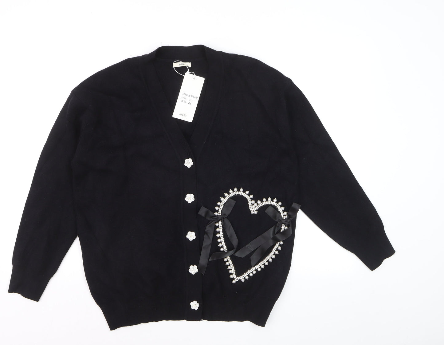 MOEWY Women's Black Beaded Heart Bow V-Neck Cardigan One Size