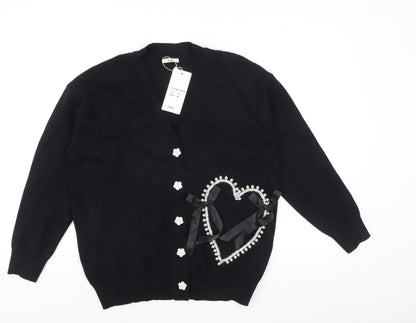 MOEWY Women's Black Beaded Heart Bow V-Neck Cardigan One Size
