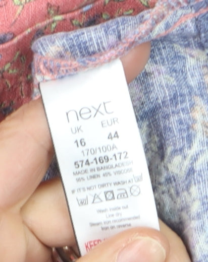 Next Women Pink Floral Linen Blend Sleeveless Shift Dress Size 16