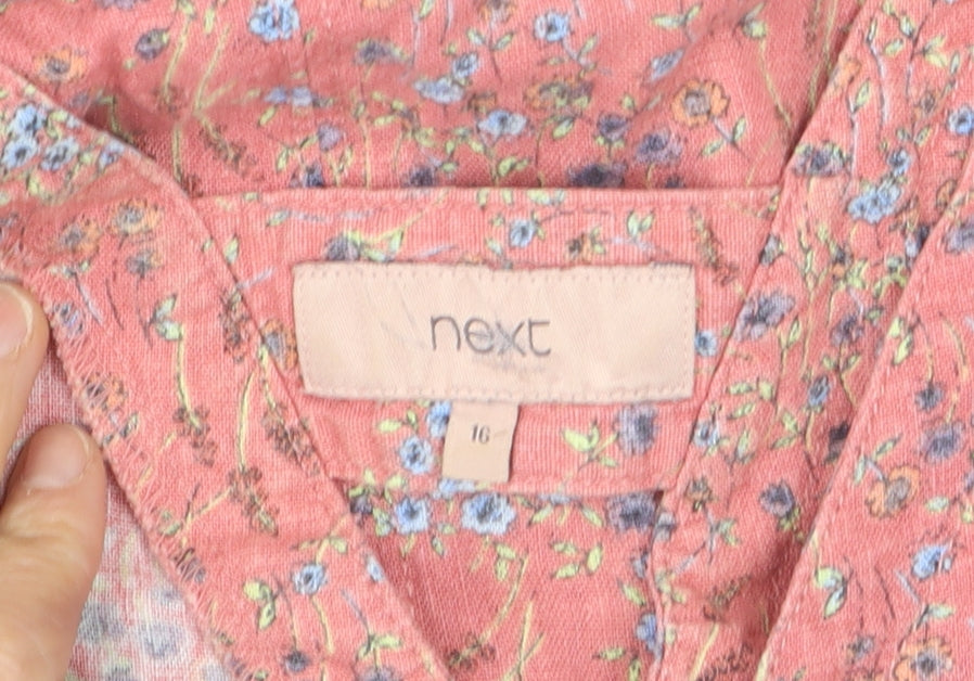 Next Women Pink Floral Linen Blend Sleeveless Shift Dress Size 16