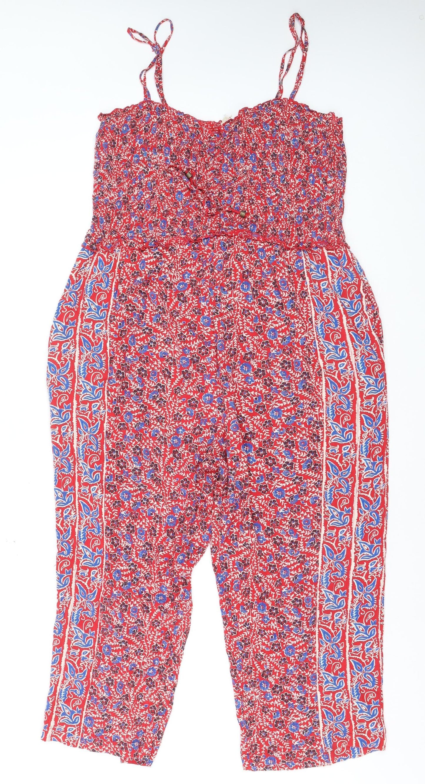 FatFace Women Red Floral Sleeveless Jumpsuit Size 16 Cotton Blend