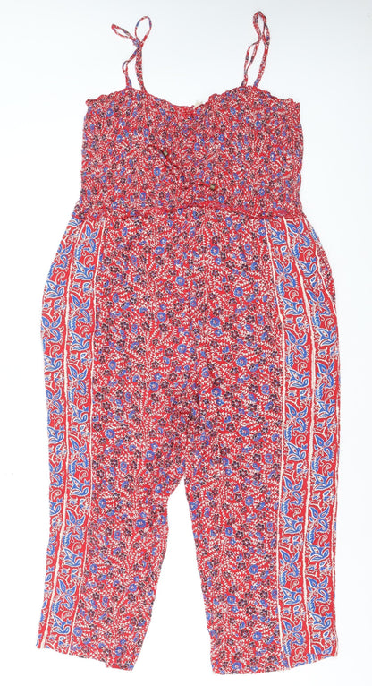 FatFace Women Red Floral Sleeveless Jumpsuit Size 16 Cotton Blend