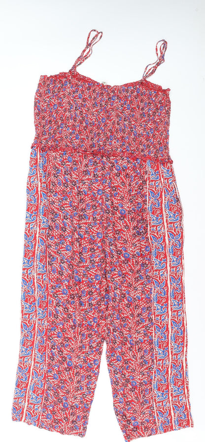 FatFace Women Red Floral Sleeveless Jumpsuit Size 16 Cotton Blend
