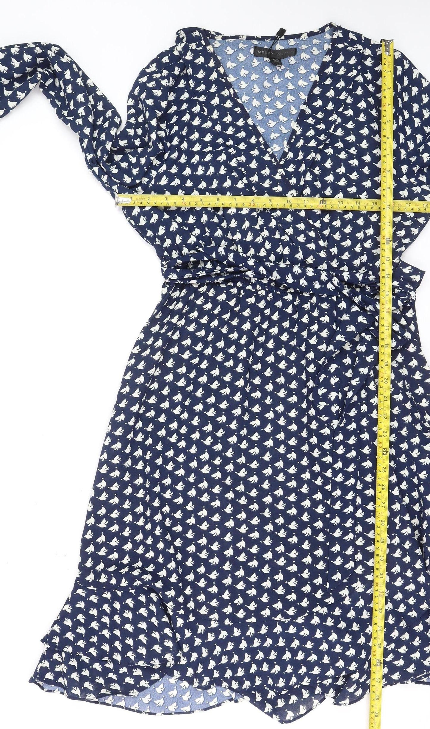 Mela London Women Blue Bird Print Wrap Dress Size 14