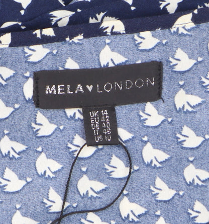 Mela London Women Blue Bird Print Wrap Dress Size 14