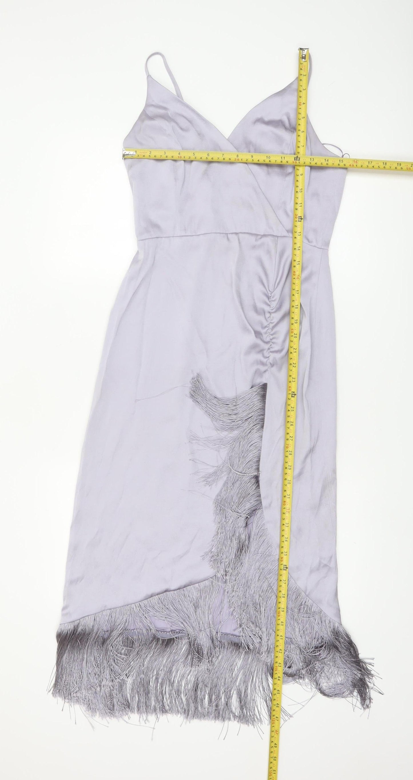 River Island Women’s Silver Satin Slip Midi Dress Size 10 Fringe Detail