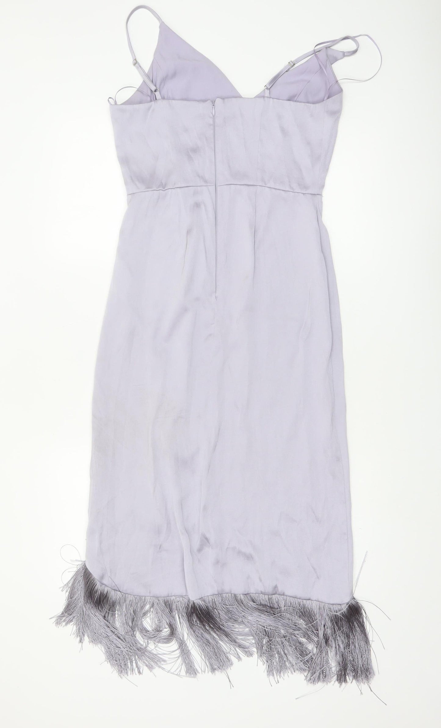 River Island Women’s Silver Satin Slip Midi Dress Size 10 Fringe Detail
