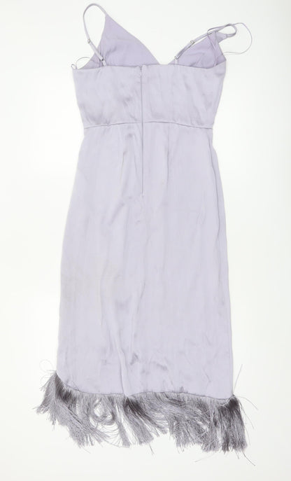 River Island Women’s Silver Satin Slip Midi Dress Size 10 Fringe Detail