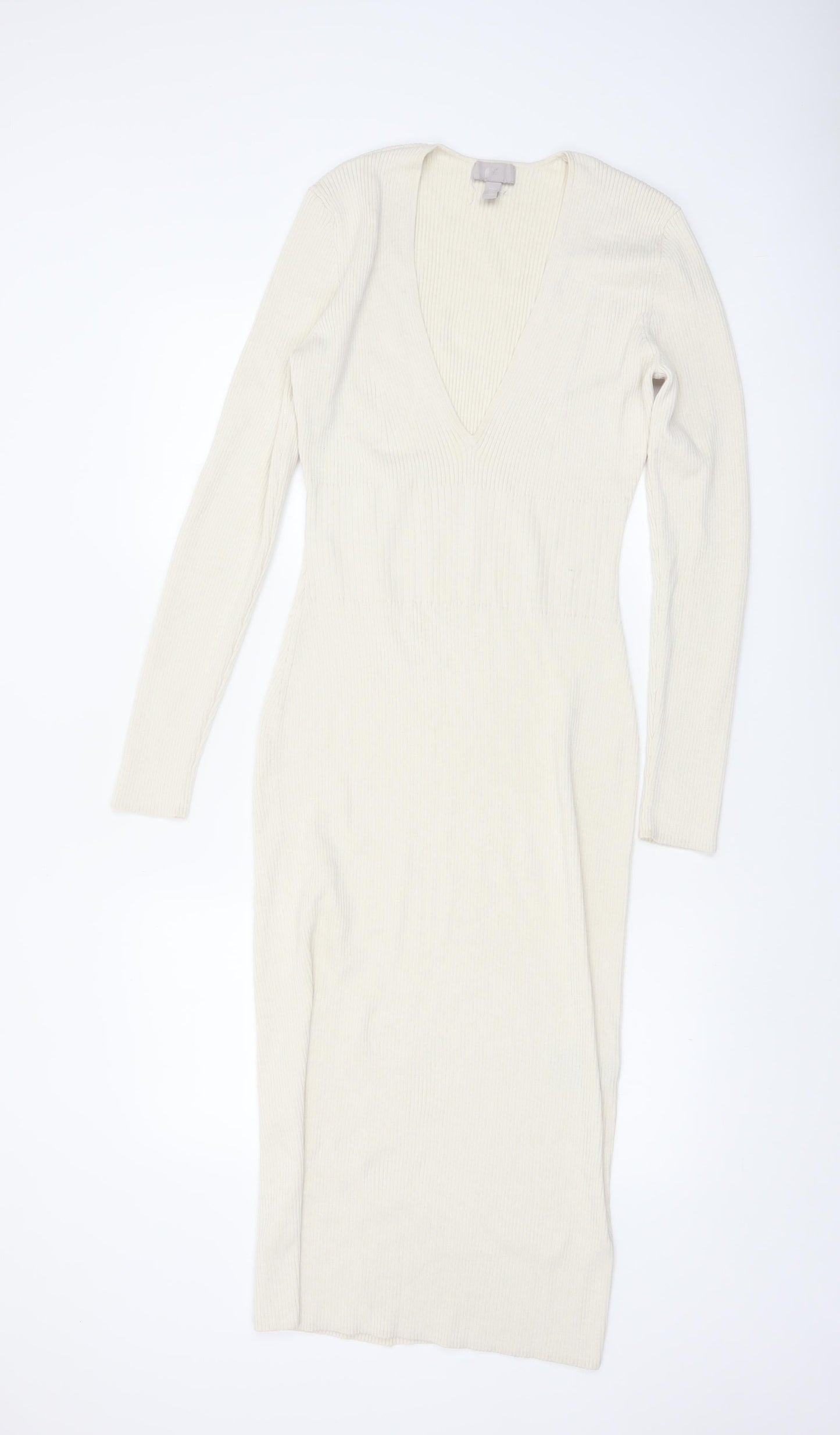 H&M Women’s Ivory Ribbed Bodycon Midi Knit Dress Size 12
