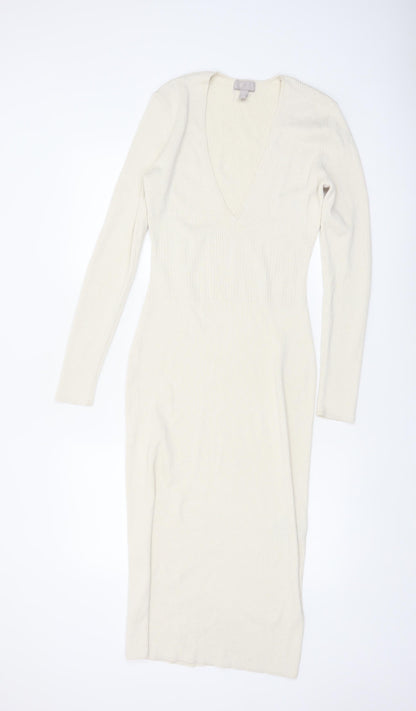 H&M Women’s Ivory Ribbed Bodycon Midi Knit Dress Size 12