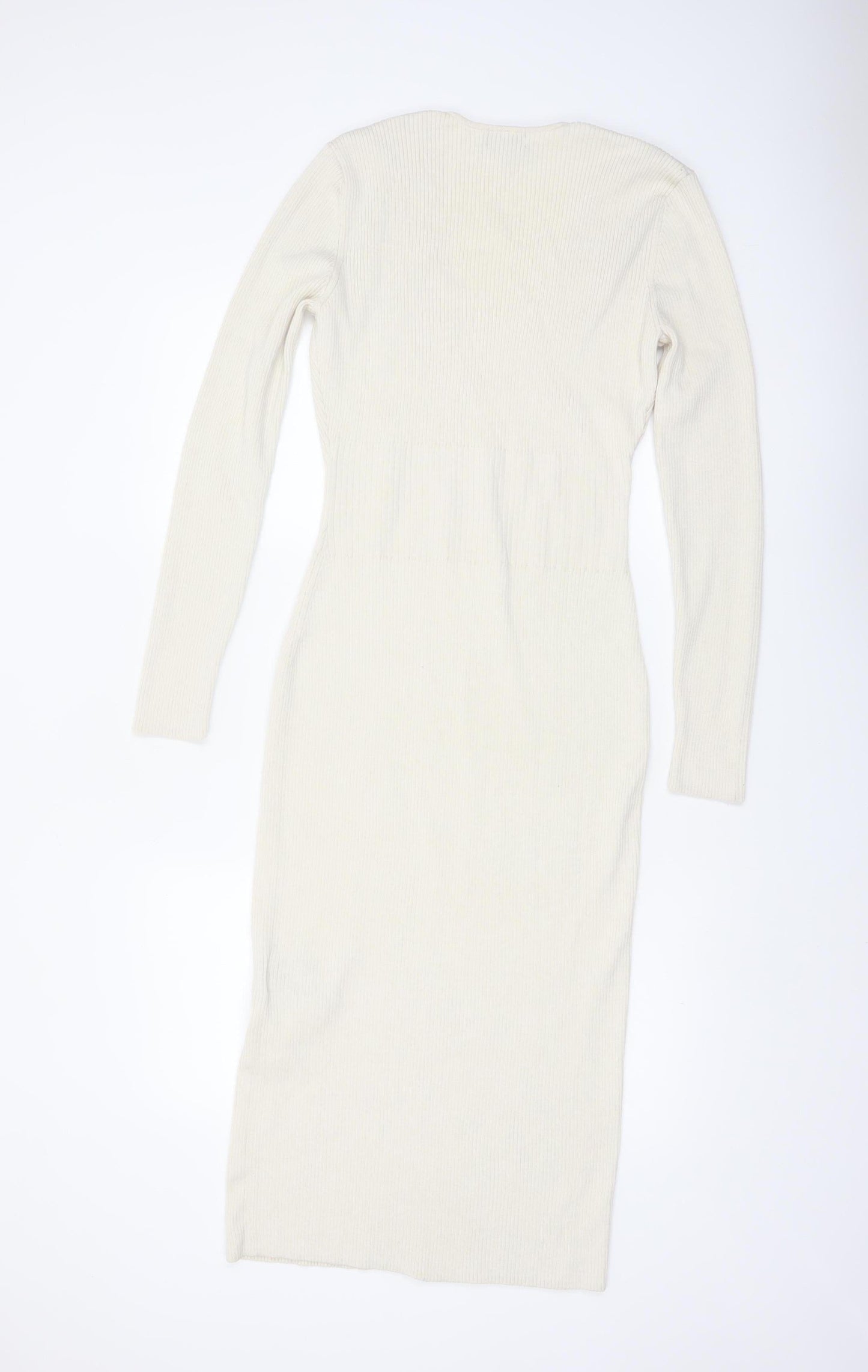 H&M Women’s Ivory Ribbed Bodycon Midi Knit Dress Size 12