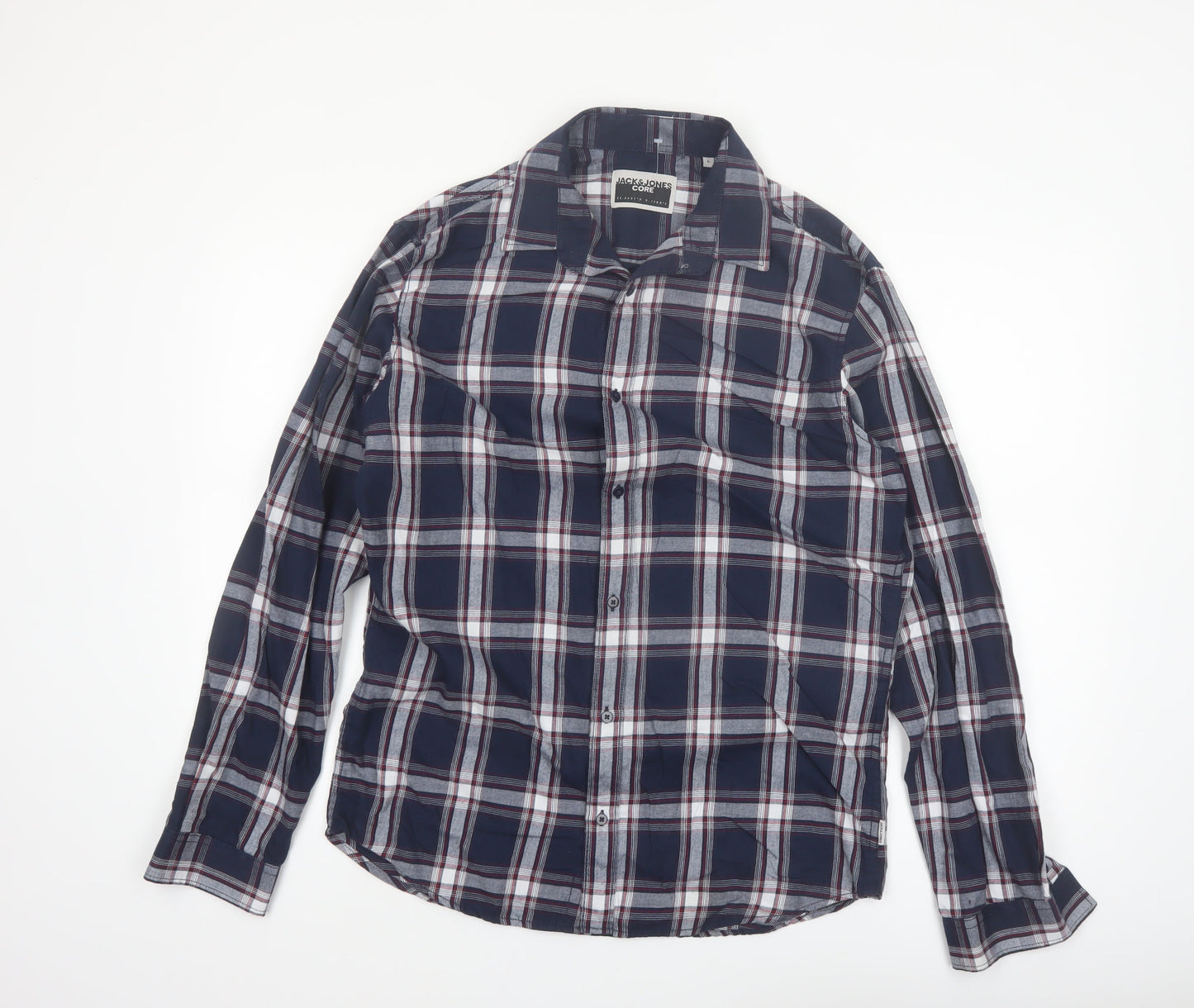 Jack & Jones Men's Blue Check Long Sleeve Regular Fit Shirt Size L