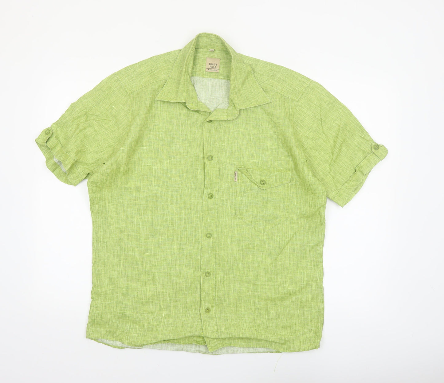 King's Road Men's Green Linen Short Sleeve Button-Up Shirt Size L