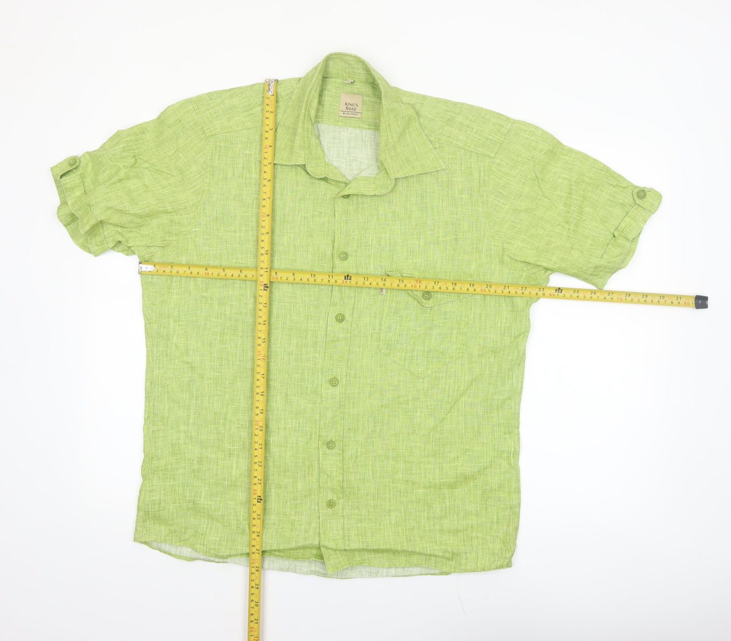 King's Road Men's Green Linen Short Sleeve Button-Up Shirt Size L